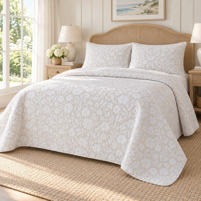 Kate Aurora Embossed 3 Piece Ultra Lux Sicily Floral Garden Embossed Quilt Set - Full/Queen