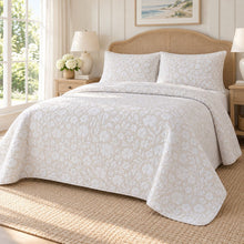 Kate Aurora Sicily Floral Garden embossed three-piece quilt set in pale oatmeal and white, Full/Queen