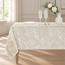 Ivory tablecloth, jacquard corner lifestyle
