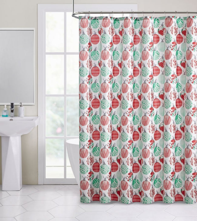Kate Aurora Holiday Living Sparkly Metallic Christmas Ornaments Fabric Shower Curtain