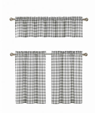 GoodGram Gray & White Cotton Blend Gingham Tartan Country Plaid Kitchen Curtain Set