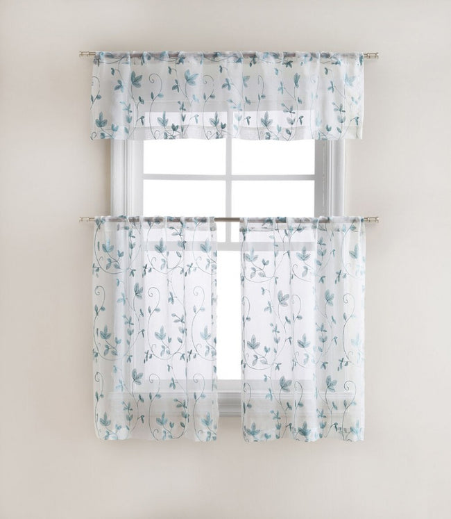 GoodGram Floral Embroidered Sheer Kitchen Curtain Tier & Valance Set