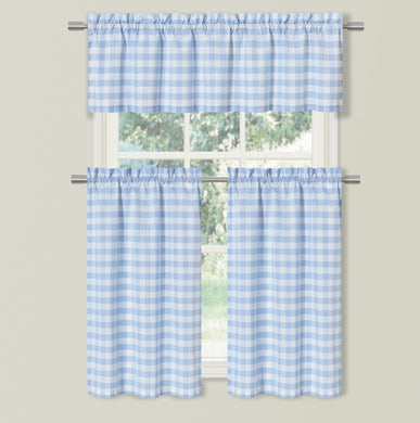 Kate Aurora Country Farmhouse Living Blue Plaid Gingham 3 Pc Kitchen Curtain Tier And Valance Set