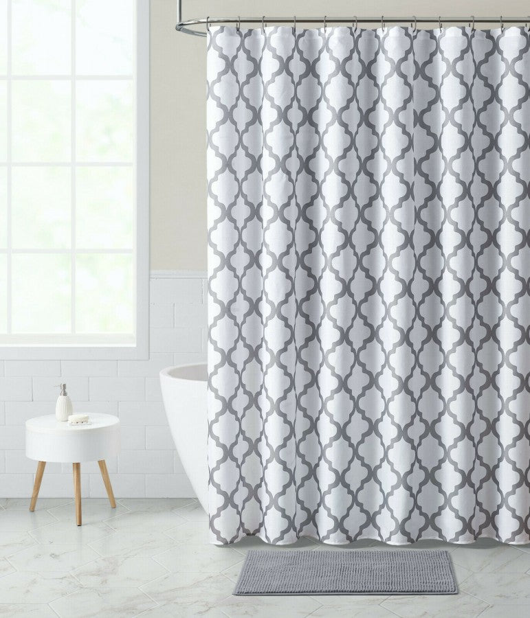 Kate Aurora Chic Living White & Gray Trellis Fabric Shower Curtain & Rug Set