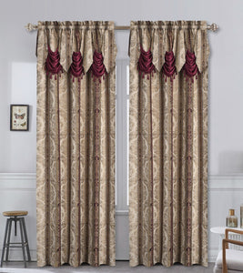 Kate Aurora Red, Burgundy & Taupe Complete Window in a Bag Damask Window Curtain Set