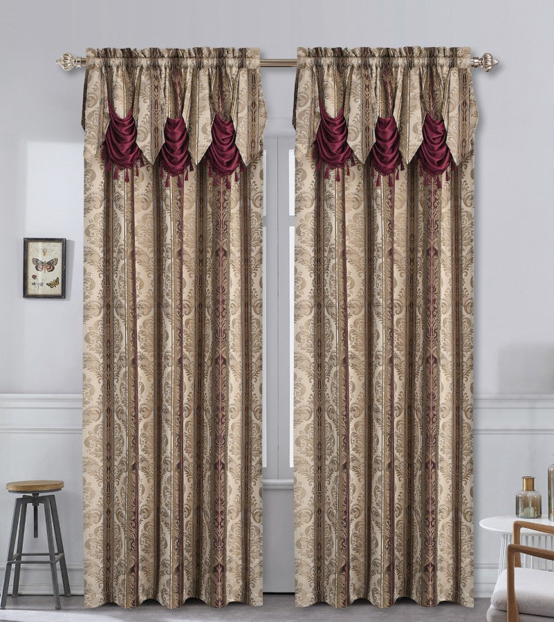 Kate Aurora Red Burgundy & Taupe Complete Window in a Bag Damask Window Curtain Set