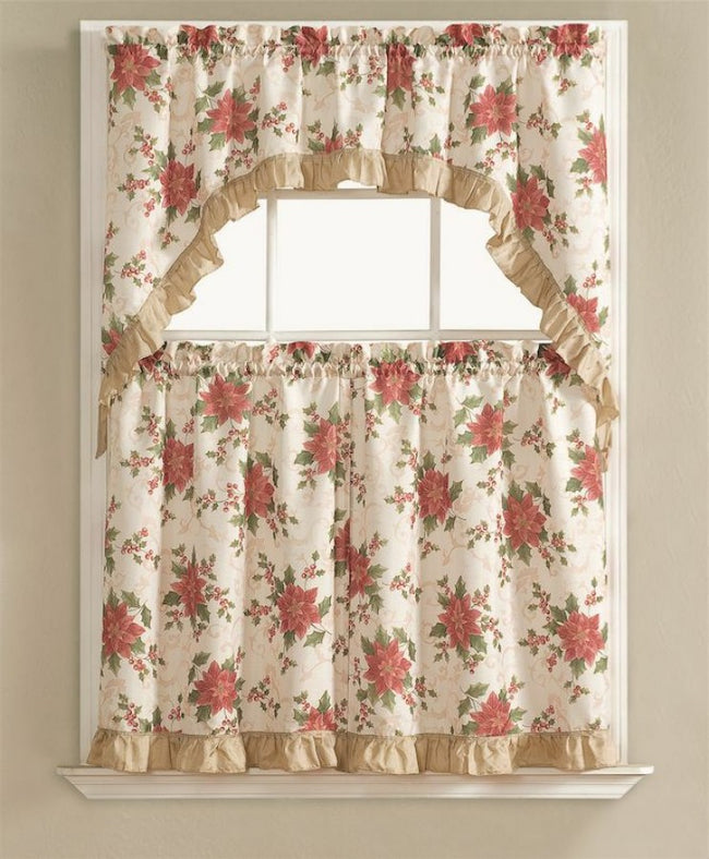 GoodGram Christmas Poinsettia Holly 3 Pc. Kitchen Curtain Tier & Swag Set by GoodGram