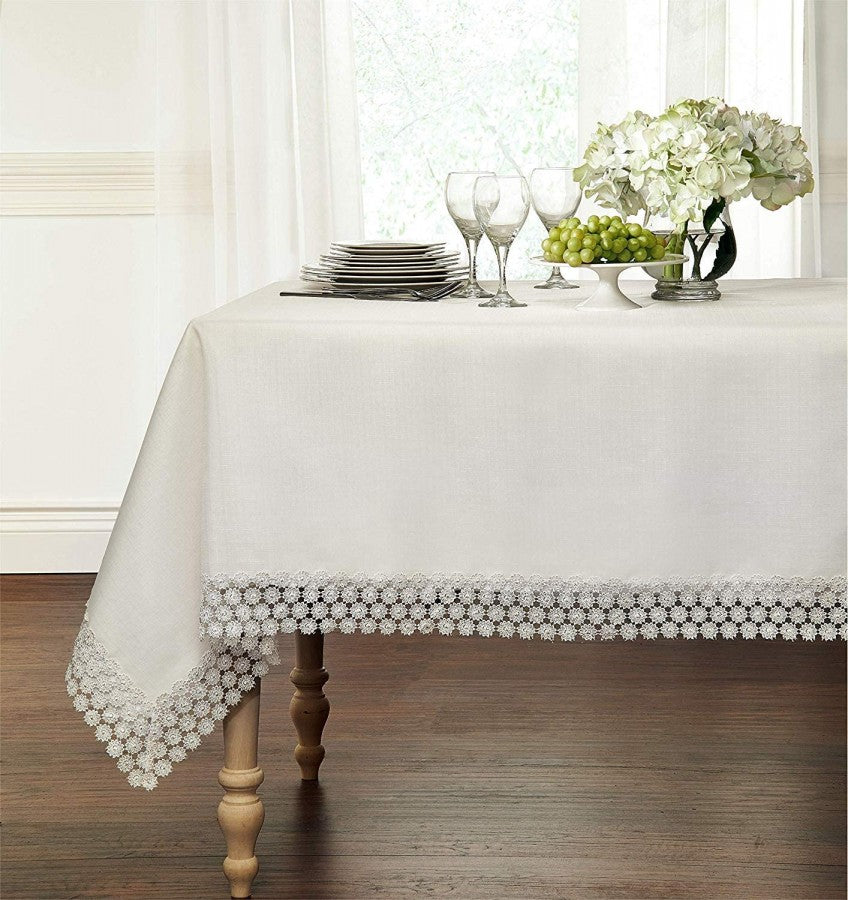 Kate Aurora Lux Living Textured Macrame Trimmed Off White Fabric Tablecloth