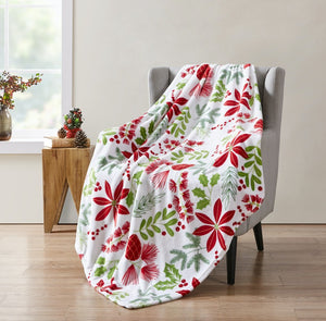 Kate Aurora Holiday Living Christmas Floral Poinsettia & Ferns Ultra Soft & Plush Throw Blanket