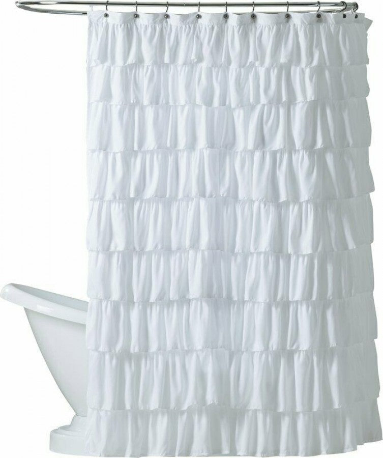 White ruffle store shower curtain