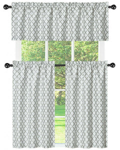 Kate Aurora White & Gray Moroccan Geometric Kitchen Curtain Tier & Valance Set