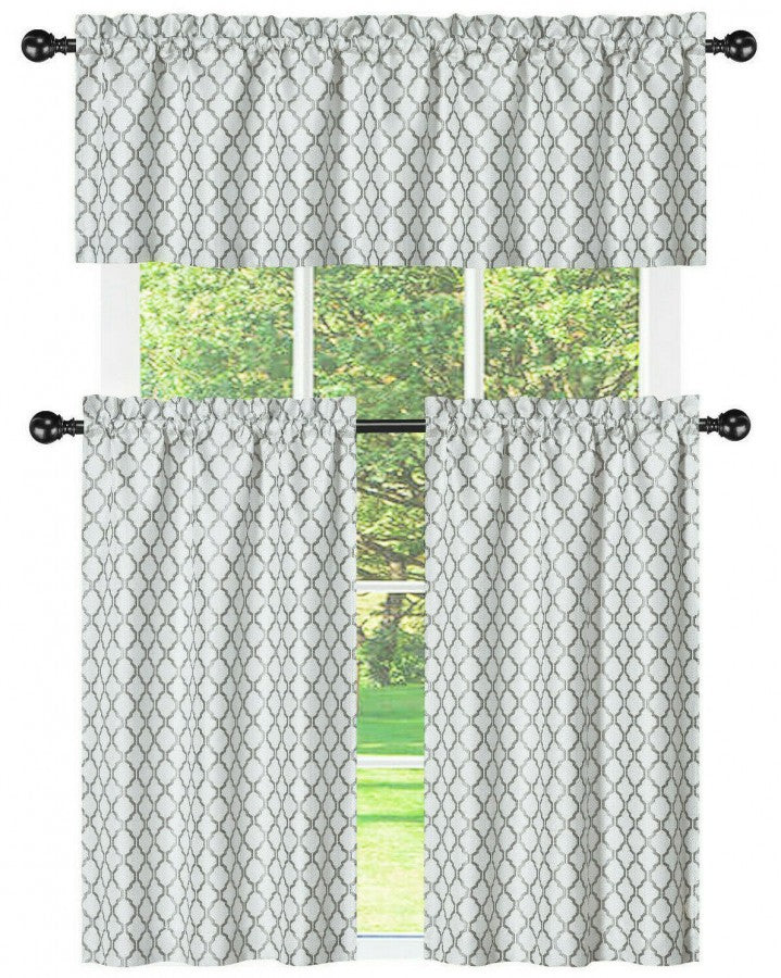 Kate Aurora White & Gray Moroccan Geometric Kitchen Curtain Tier & Valance Set