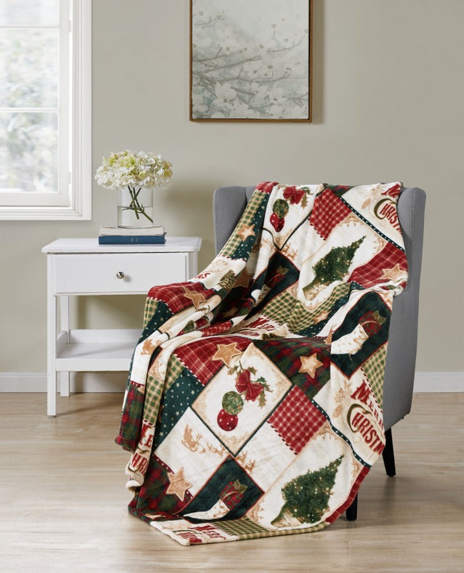 Kate Aurora Ultra Plush Merry Christmas Plaid Farmhouse Hypoallergenic Fleece Throw Blanket