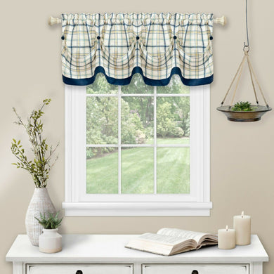 Kate Aurora Country Farmhouse Plaid Tattersall Button Tuck Window Valance