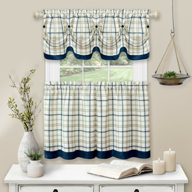 Kate Aurora Country Farmhouse Plaid 3 Pc Tattersall Cafe Kitchen Curtain Tier & Valance Set