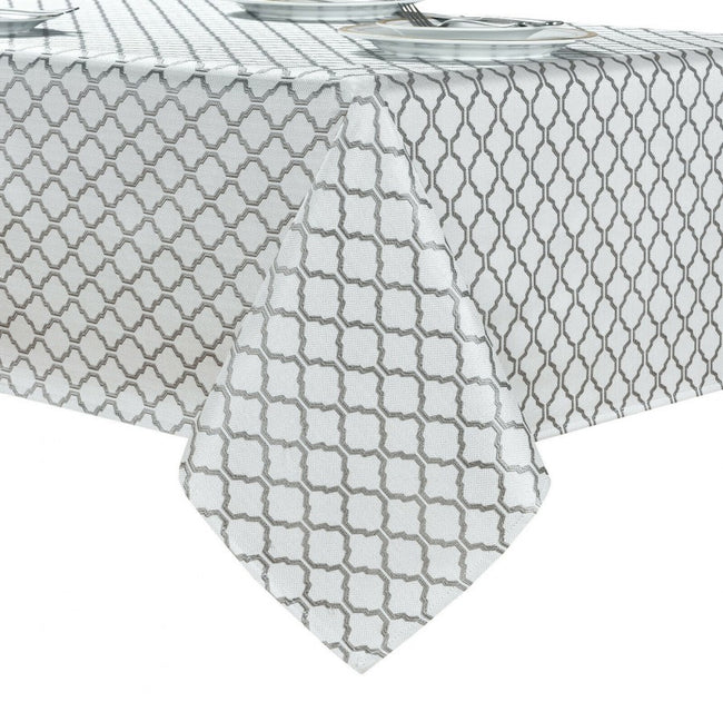 Kate Aurora White & Gray Moroccan Geometric Fabric Tablecloth