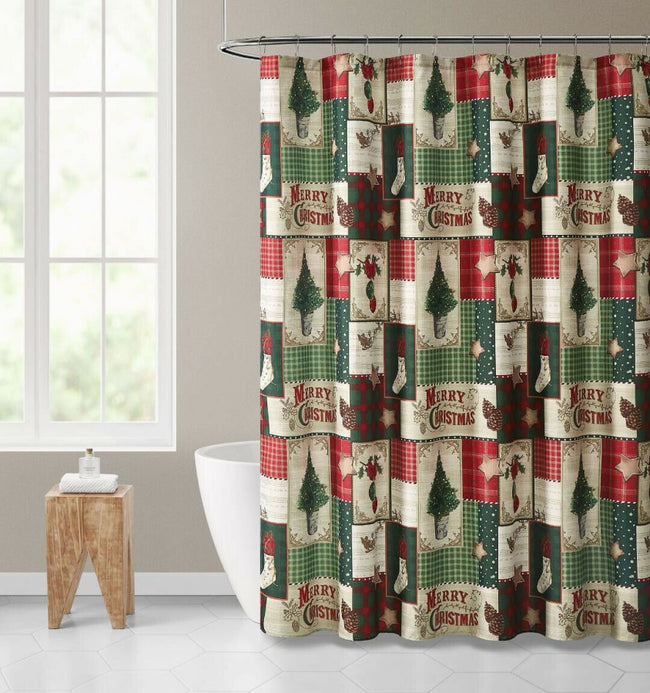 Kate Aurora Merry Christmas Evergreens & Ornamets Plaid Farmhouse Fabric Shower Curtain