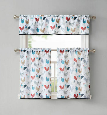 Kate Aurora Multi Rooster Complete 3 Pc Kitchen Curtain Tier & Valance Set
