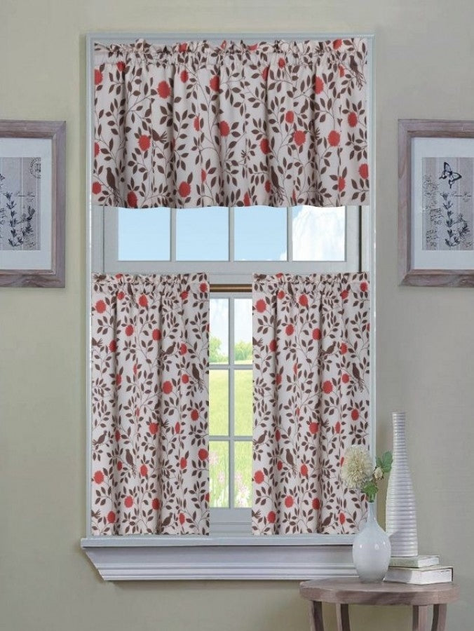 GoodGram Shabby Cotton Blend Autumn Flowers & Birds 3 Pc. Kitchen Curtain Set