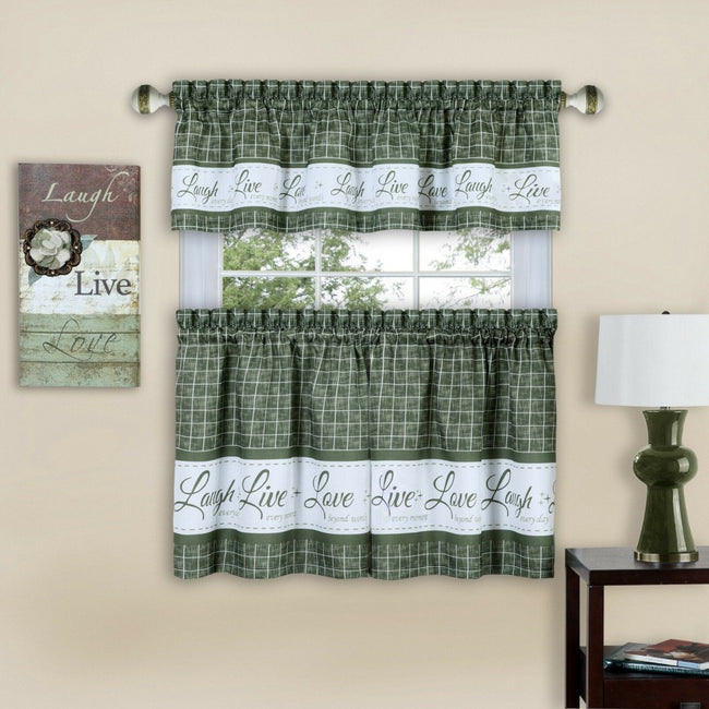 GoodGram Gingham Check "Live, Laugh, Love" 3 Pc Kitchen Curtain Set