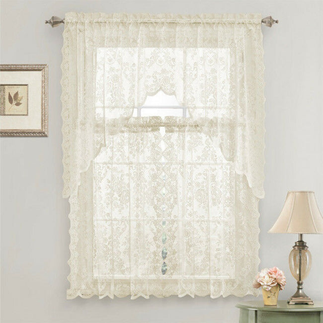 GoodGram Lena Floral Lace Complete Kitchen Curtain Tier & Swag Set