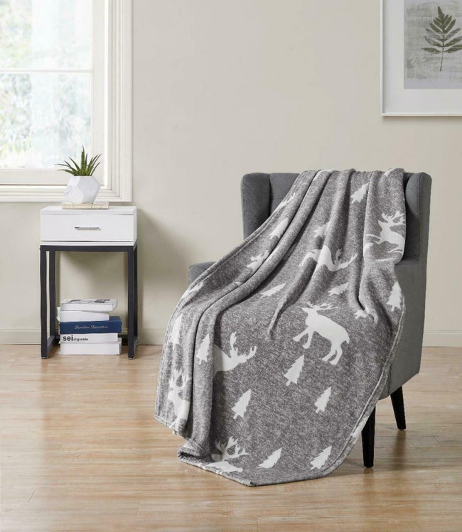 Kate Aurora Ultra Plush Gray Christmas Trees & Reindeers Hypoallergenic Fleece Throw Blanket