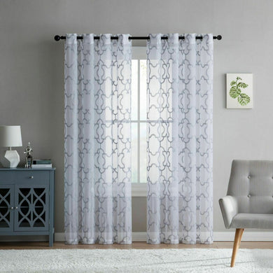 Kate Aurora Lani Geometric Grommet Sheer White Gray Curtain Panels (2 Pack)