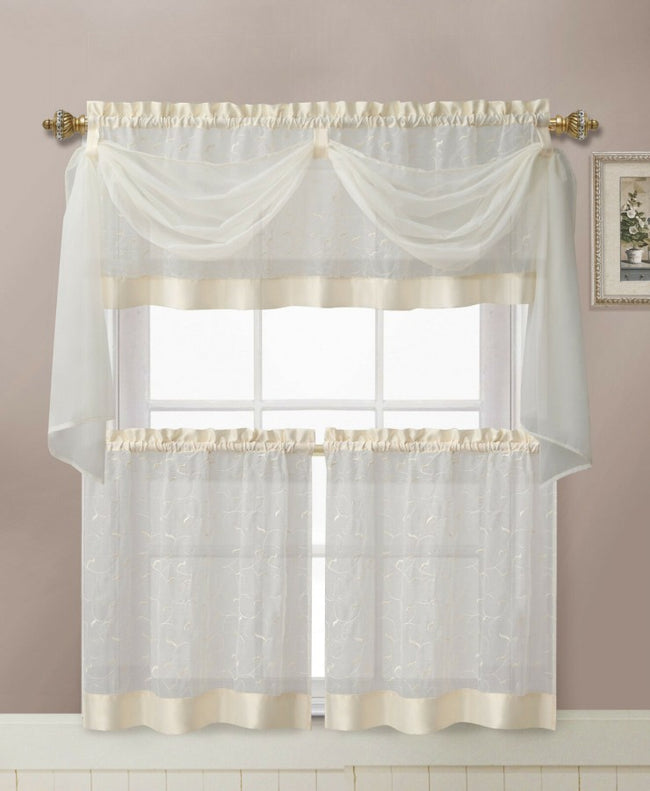 Kate Aurora Living Complete 4 Piece Linen Leaf Embroidered Complete Kitchen Curtain Set