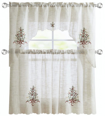 GoodGram Christmas Embroidered Mistletoe Complete 3 Pc Kitchen Curtain Tier & Valance Set