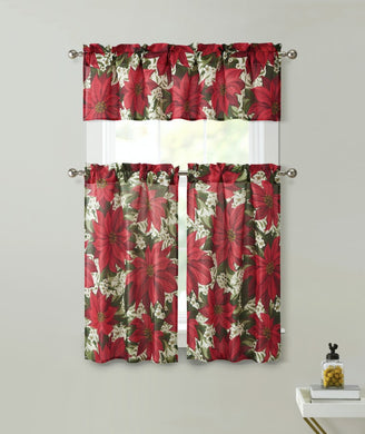 Kate Aurora Holiday Classic Poinsettia Christmas 3 Pc Kitchen Curtain Tier & Valance Set