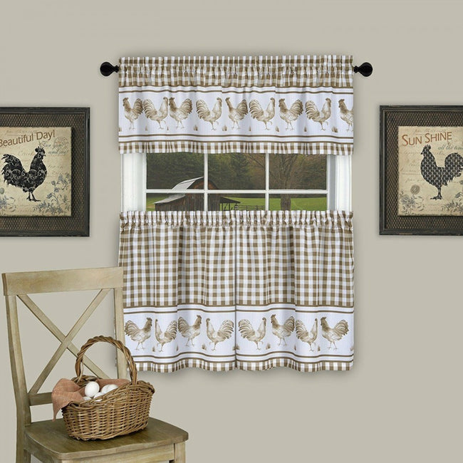 GoodGram Plaid Rooster Kitchen Curtain Tier & Valance Set