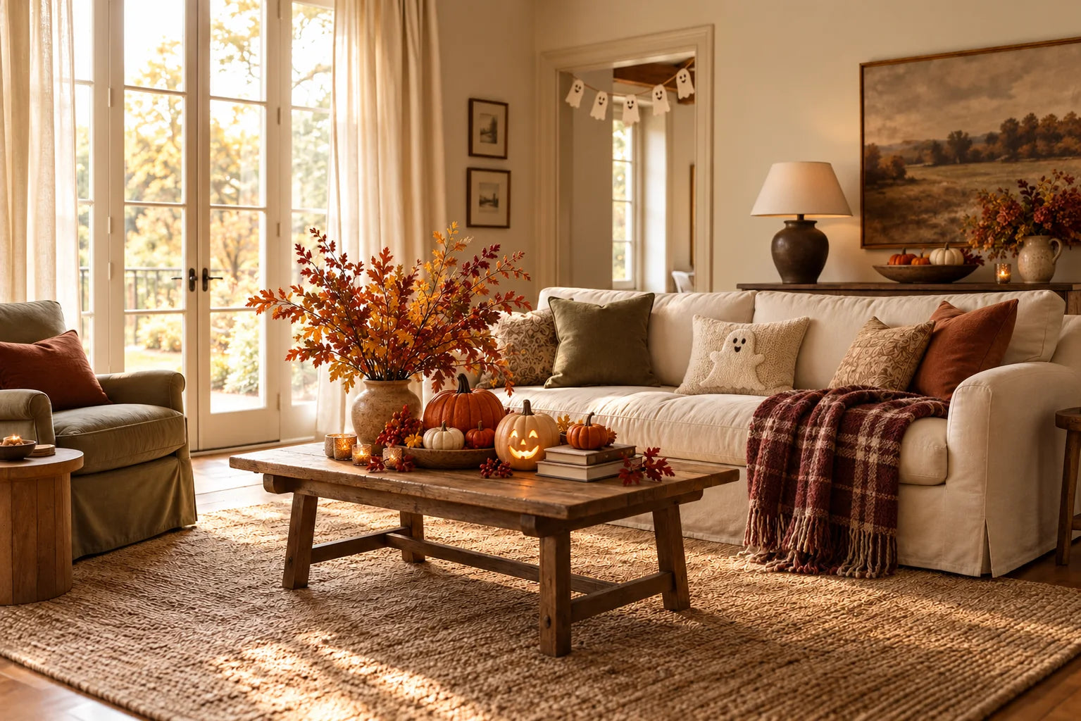 Autumn room inspiration with pumpkins, a smiling jack-o’-lantern, and friendly ghost accents